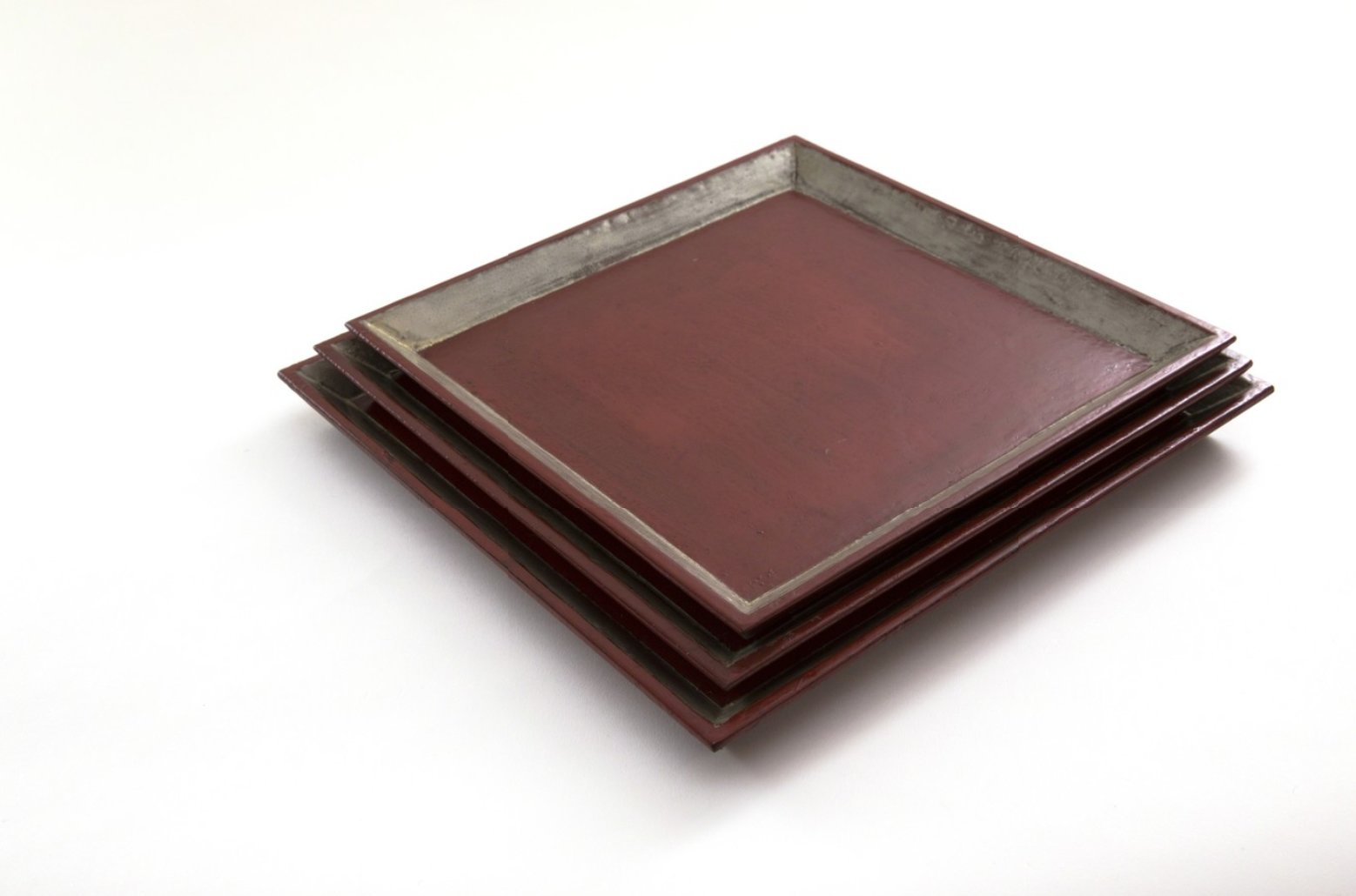 Set of 3 silver square trays with vermilion lacquer borders